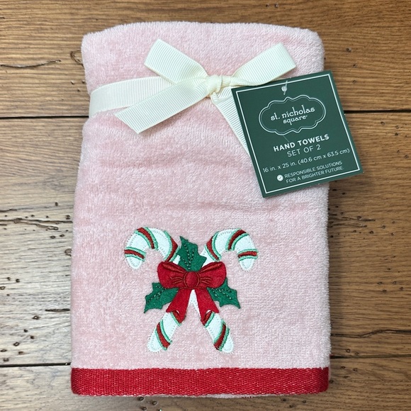 St. Nicholas Square Pink Candy Cane Hand Towels Set of 2 - Picture 4 of 4